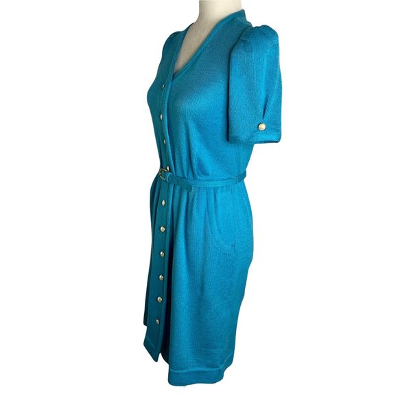 Vintage 70s Leslie Fay Button Down Dress 6 Blue Knit V Neck Belted Union Made - Picture 3 of 7